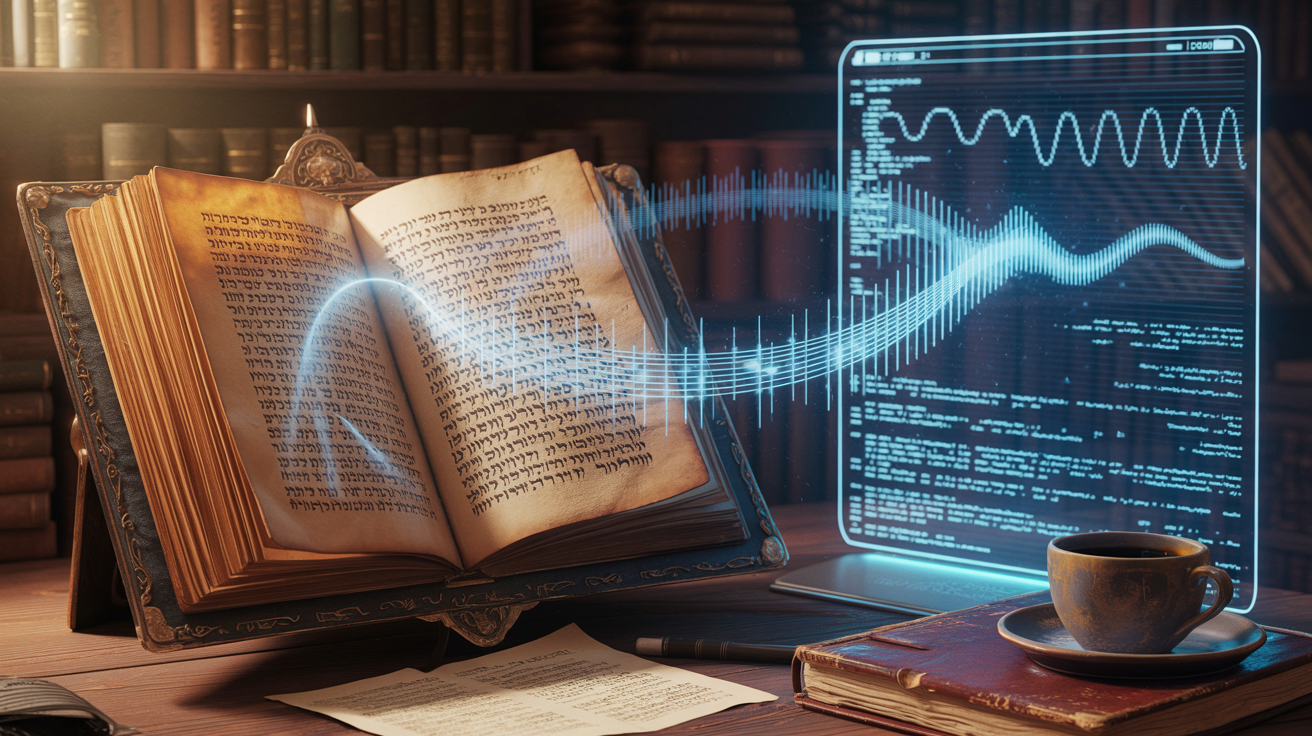 Open ancient psalm book and digital soundwaves